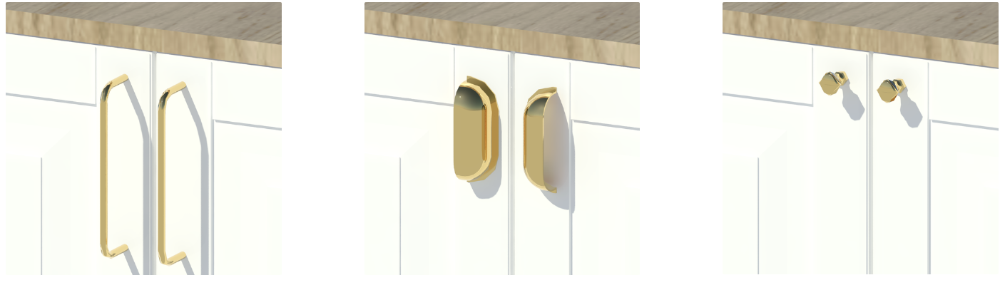 Revit render of three different brass door handles. The first is thin and long, the second is cup shaped, and the third is a small knob.